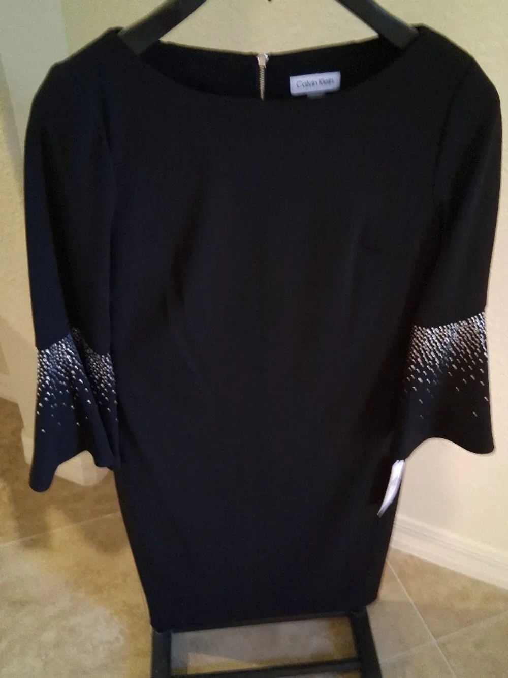 NWT Calvin Klein Black Rhinestone Embellished Bell Sleeve Sheath Dress Size 10 - Picture 4 of 8